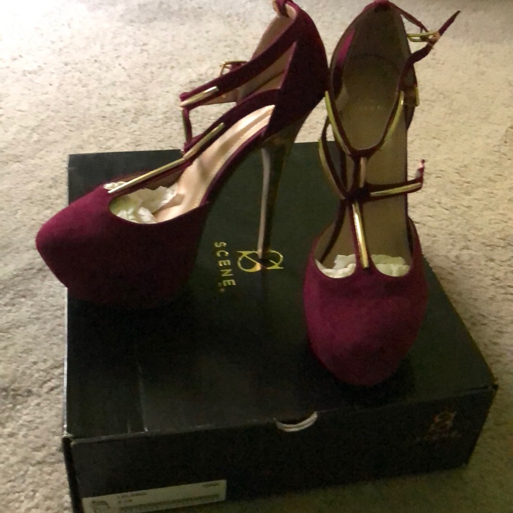 Purple and gold platform heels
